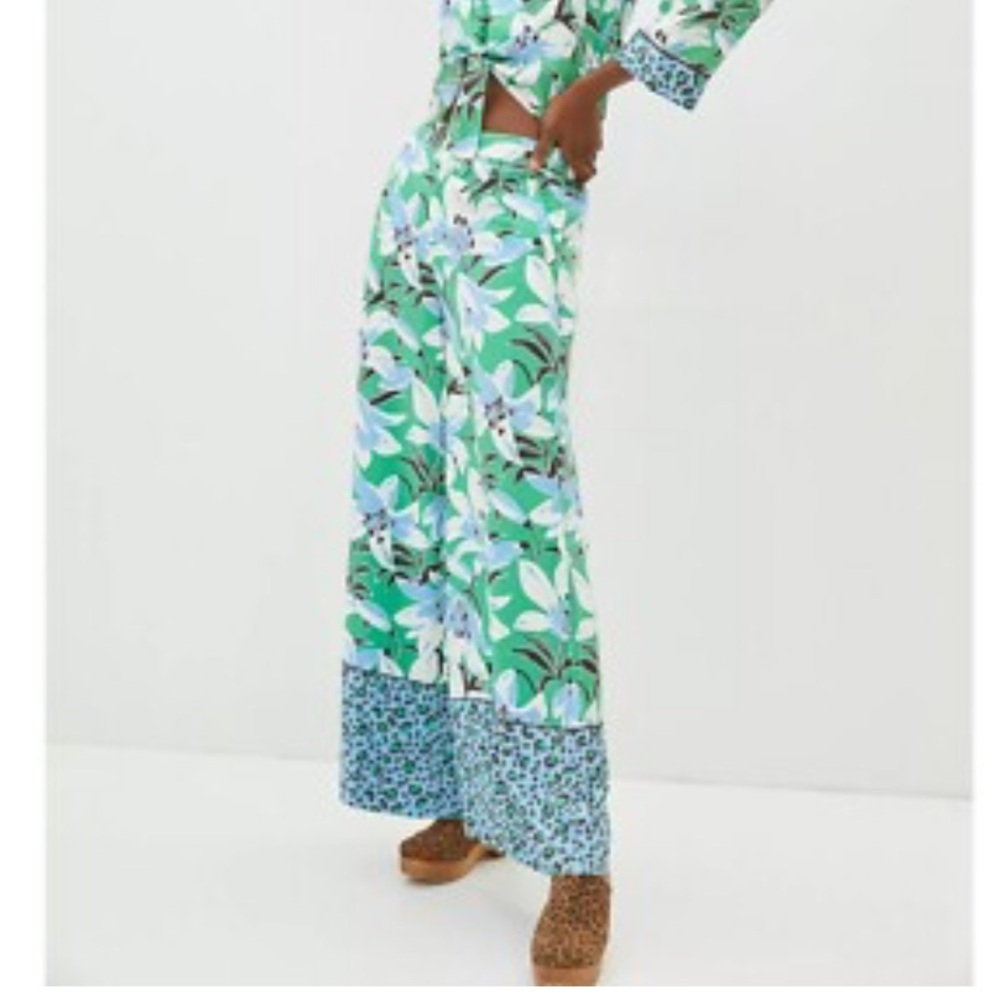 Anthropologie Maeve Matching Set Shirt Pants Floral Animal Print Green Blue - Picture 12 of 12